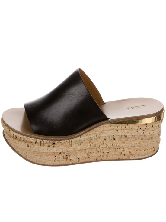 Chloe Shoes - Chloe Black Leather Cork Platform Wedge Slide with Gold Trim, size 8.5